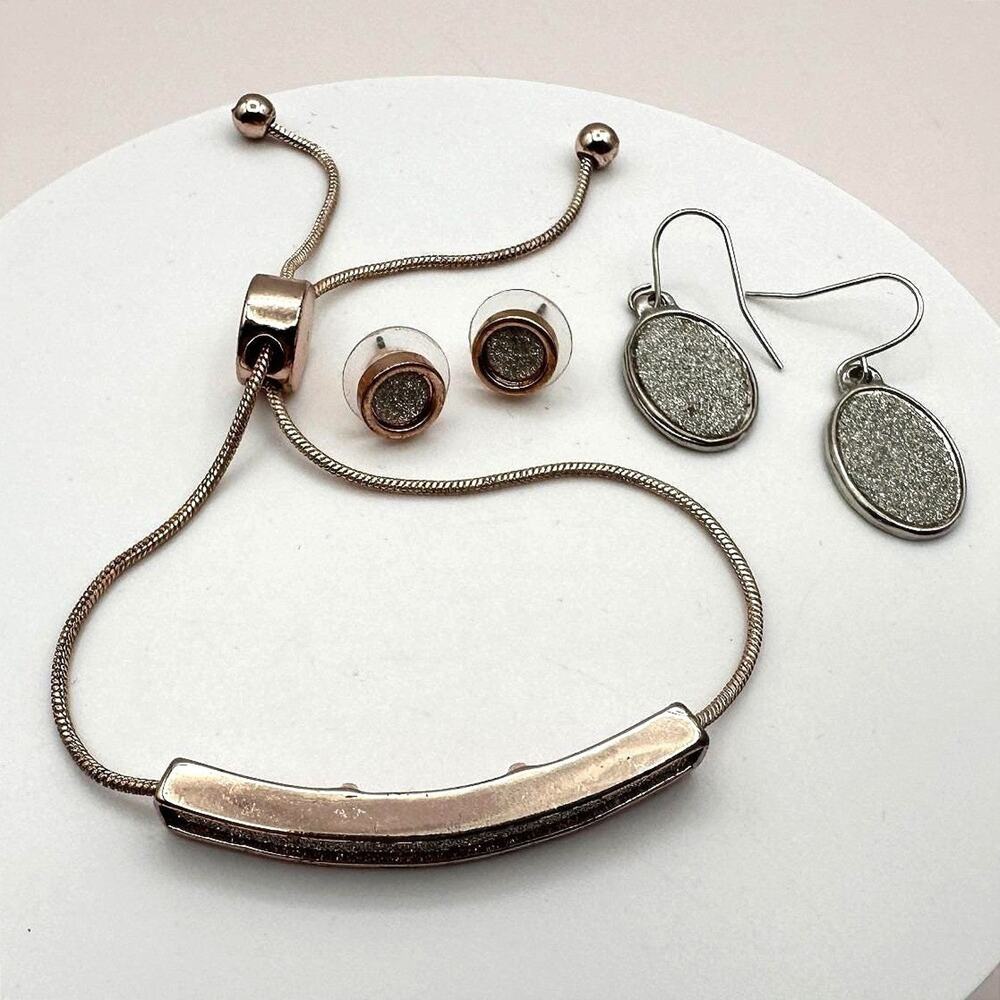 Vintage Y2K Rose Gold Tone Slider Bracelet Stud & Dangle Earrings Jewelry Set